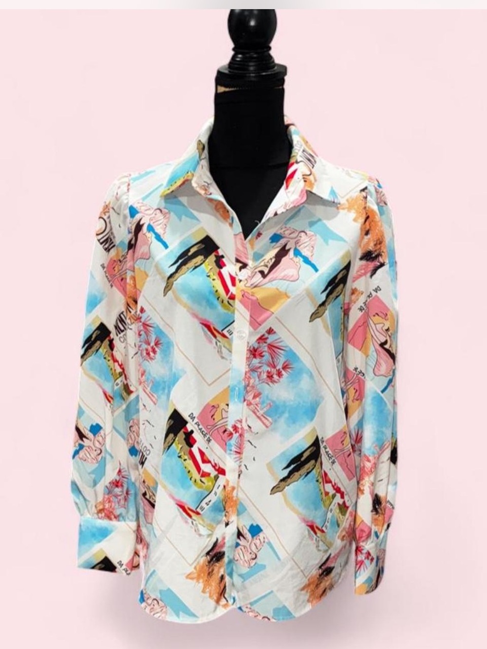 zeagoo Women's Printed Button-Down Shirt in White, Blue & Pink
